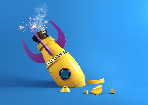 A retro toy rocket crashing back to the ground and breaking into bits. 3D illustration