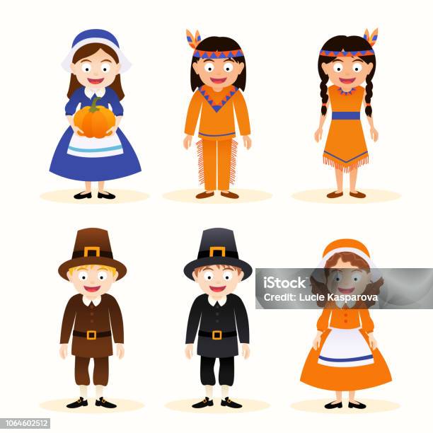 Vector Set Of Cartoon Thanksgiving Character Indian And Pilgrim Stock Illustration - Download Image Now