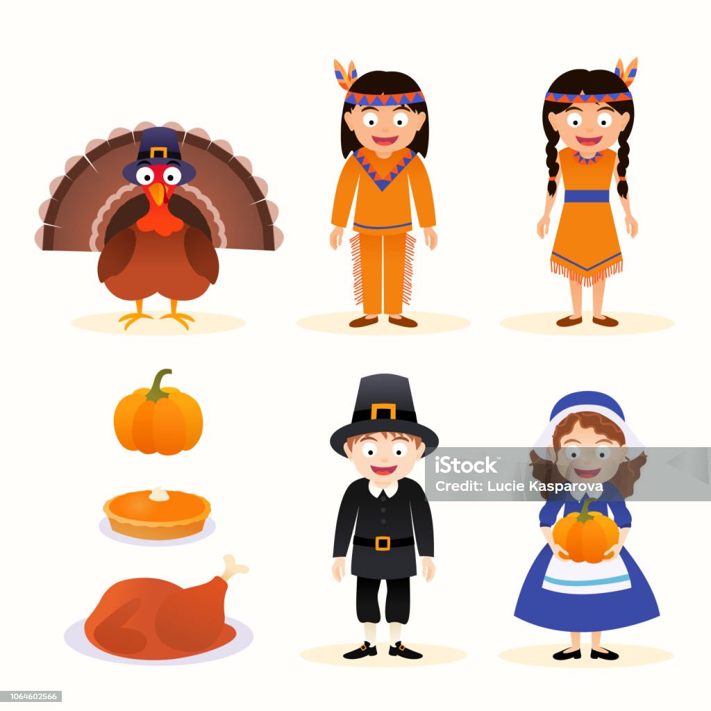 Vector cartoon set of thanksgiving icons Vector cartoon set of thanksgiving icons, characters isolated on white background Indigenous Peoples of the Americas stock vector