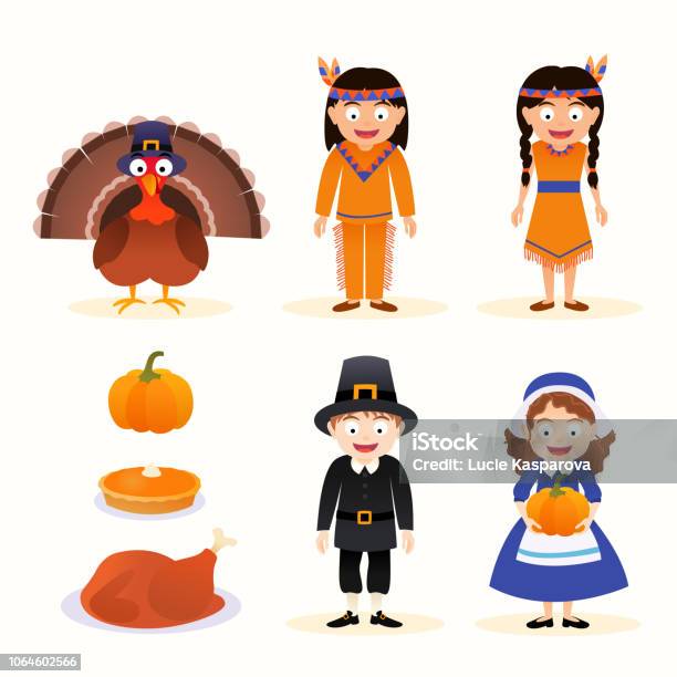 Vector Cartoon Set Of Thanksgiving Icons Stock Illustration - Download Image Now - Indigenous Peoples of the Americas, Pilgrim, Thanksgiving - Holiday