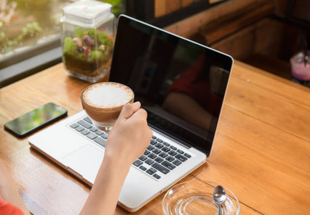 istock Young woman using laptop and drinking cofee in coffee shop 1064603980