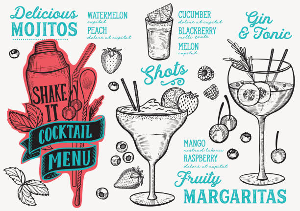Cocktail drink menu template for restaurant with doodle hand-drawn graphic. Cocktail menu template for restaurant vector illustration brochure for food and drink bar. Design layout with vintage lettering and doodle hand-drawn graphic icons. margarita illustrations stock illustrations