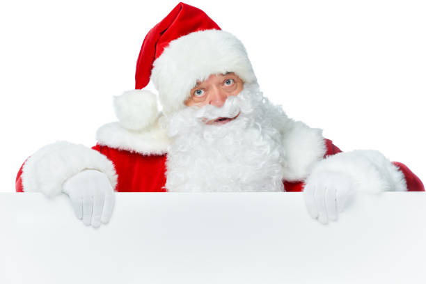 istock santa claus in red hat with empty board isolated on white 1064616324