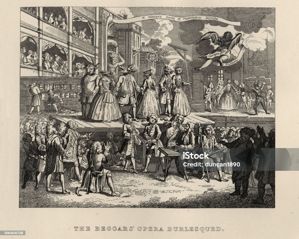 William Hogarth's, The Beggar's Opera Burlesqued Vintage engraving of William Hogarth's,  The Beggar's Opera Burlesqued. Opera stock illustration