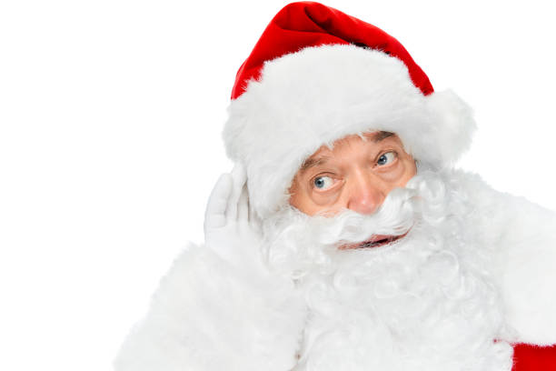 bearded santa claus listening something isolated on white