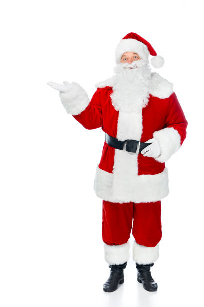 istock bearded santa claus in red costume presenting something isolated on white 1064617150
