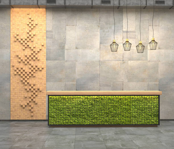 Interior with a reception desk with moss in the loft style.  Decorative panels on the wall of the square wooden bars.