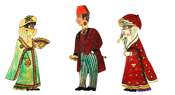 Zenne and Celebi figures from Turkish Shadow Puppet Tradition Zenne and Celebi figures of Turkish Shadow Puppet Tradition: Karagoz and Hacivat. These figures are side Characters hacivat karagoz stock pictures, royalty-free photos & images