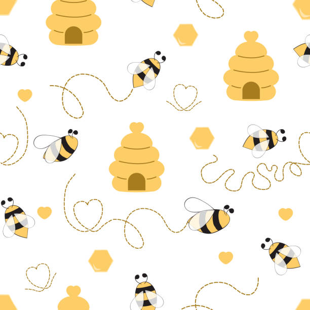 Seamless pattern with bee honey bee hive in vector cartoon children style yellow vector art illustration