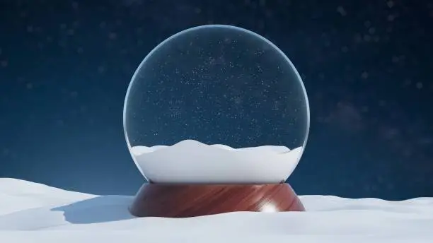 3d render of a snow globe with a wooden base in a winter Christmas style landscape