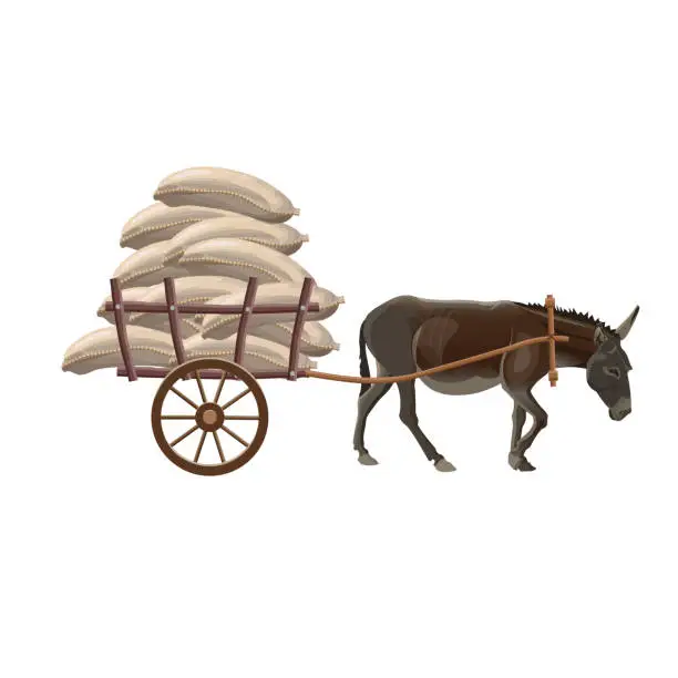 Vector illustration of Donkey cart with sacks