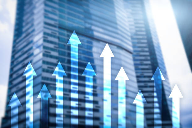 istock Up arrow graph on skyscraper background. Invesment and financial growth concept. 1064643082