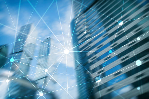 istock Blockchain network on blurred skyscrapers background. Financial technology and communication concept. 1064643110