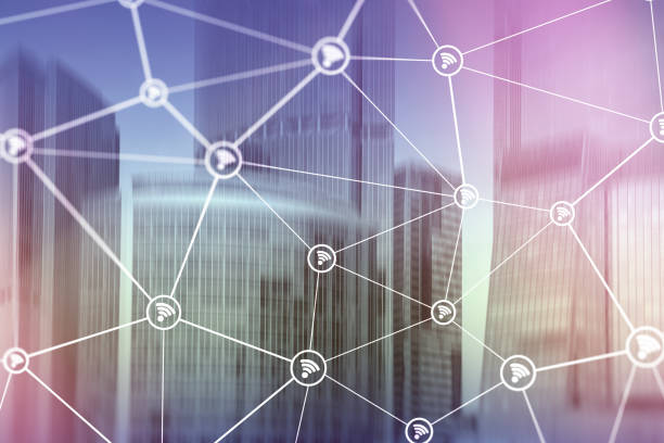 istock Wifi network on blurred business center background. 1064643262