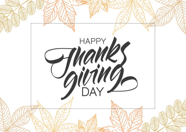 Handwritten elegant type lettering of Happy Thanksgiving Day with hand drawn autumn leaves. Vector illustration: Handwritten elegant type lettering of Happy Thanksgiving Day with hand drawn autumn leaves. thanksgiving holiday drawings stock illustrations