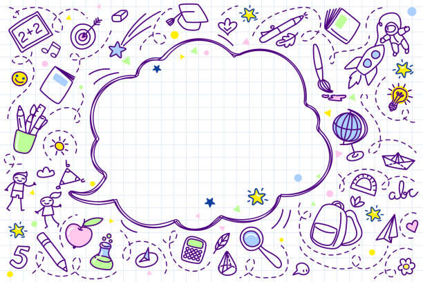 Concept of education. School background with hand drawn school supplies and comic speech bubble Concept of education. School background with hand drawn school supplies and comic speech bubble on white. junior high stock illustrations