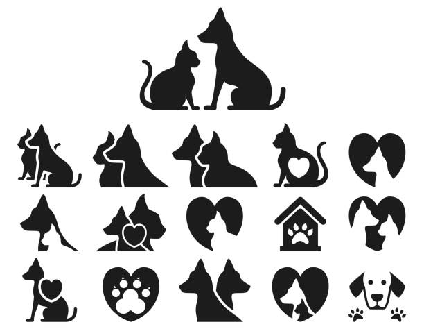ilustraciones, imágenes clip art, dibujos animados e iconos de stock de conjunto de iconos de perros y gatos - dog