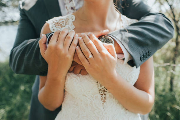 Bride and Groom Embrace with Wedding Ring Visible