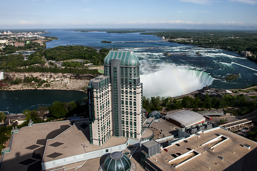 Niagara Falls, Canada - May 27, 2016: Niagara Falls and casino building high view from Canadian side in Niagara Falls on May 27, 2016 in Niagara Falls, Canada.