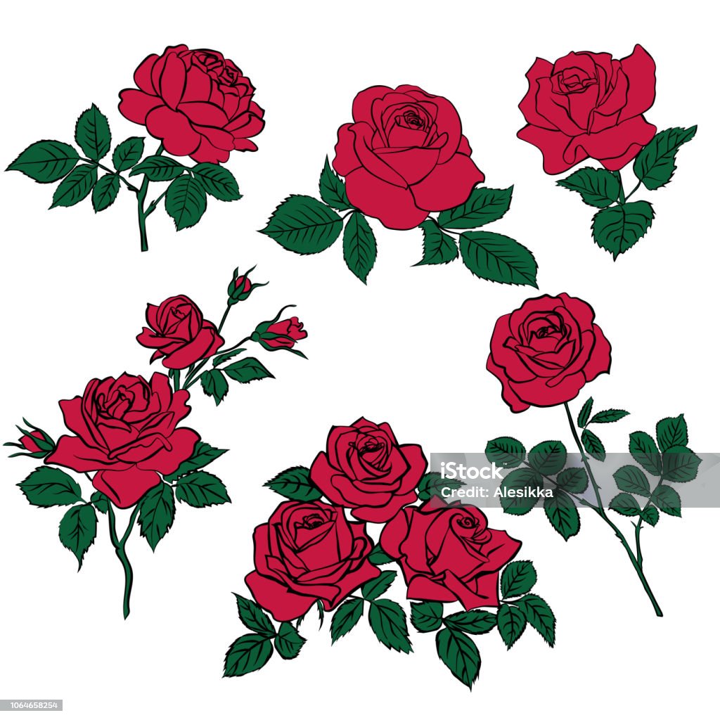 Silhouettes de roses rouges et feuilles vertes - clipart vectoriel de Rose - Fleur libre de droits