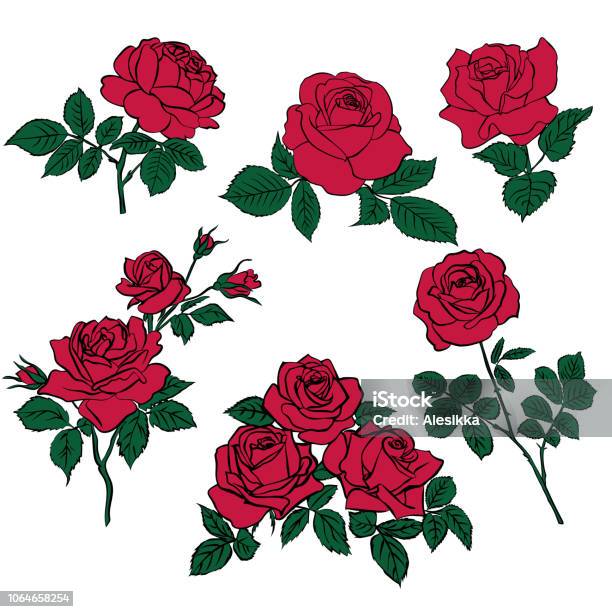 Silhouettes De Roses Rouges Et Feuilles Vertes Vecteurs libres de droits et plus d'images vectorielles de Rose - Fleur - Rose - Fleur, Illustration, Rouge