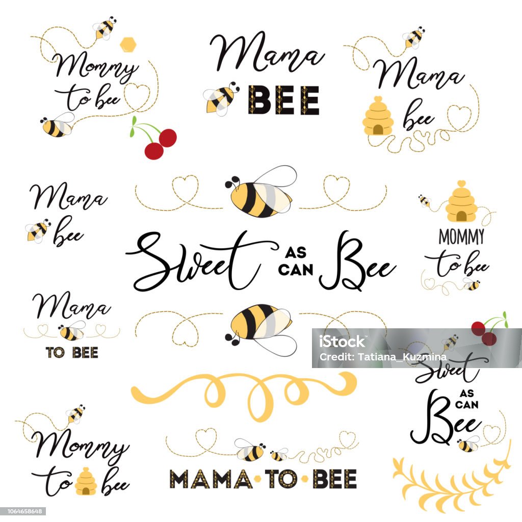 Mothers day logos, icons, labels, tags. Hand drawn set with bee sweet honey badges Mama bee Mothers day banner logos icons label tags badge set with text Mama bee with cute hand drawn bee honey sweet heart Mommy to be card sign poster print Vector illustration for mam birthday anniversary. Bee stock vector