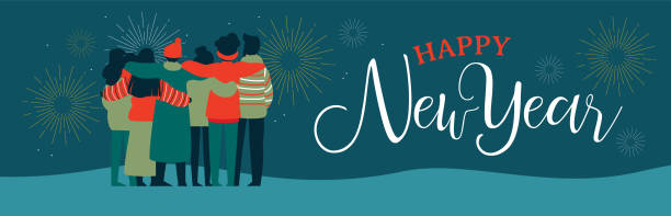 행복 한 새 해 친구 사람들 그룹 웹 배너 - 12월 31일 일러스트 stock illustrations