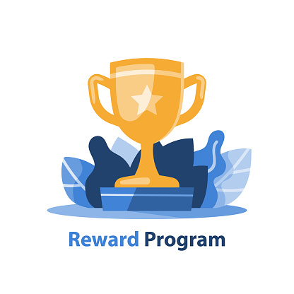 Reward program, winner golden cup with a star, competition trophy, big accomplishment, yellow bowl, excellence award, long term goal, first place, vector icon, flat illustration