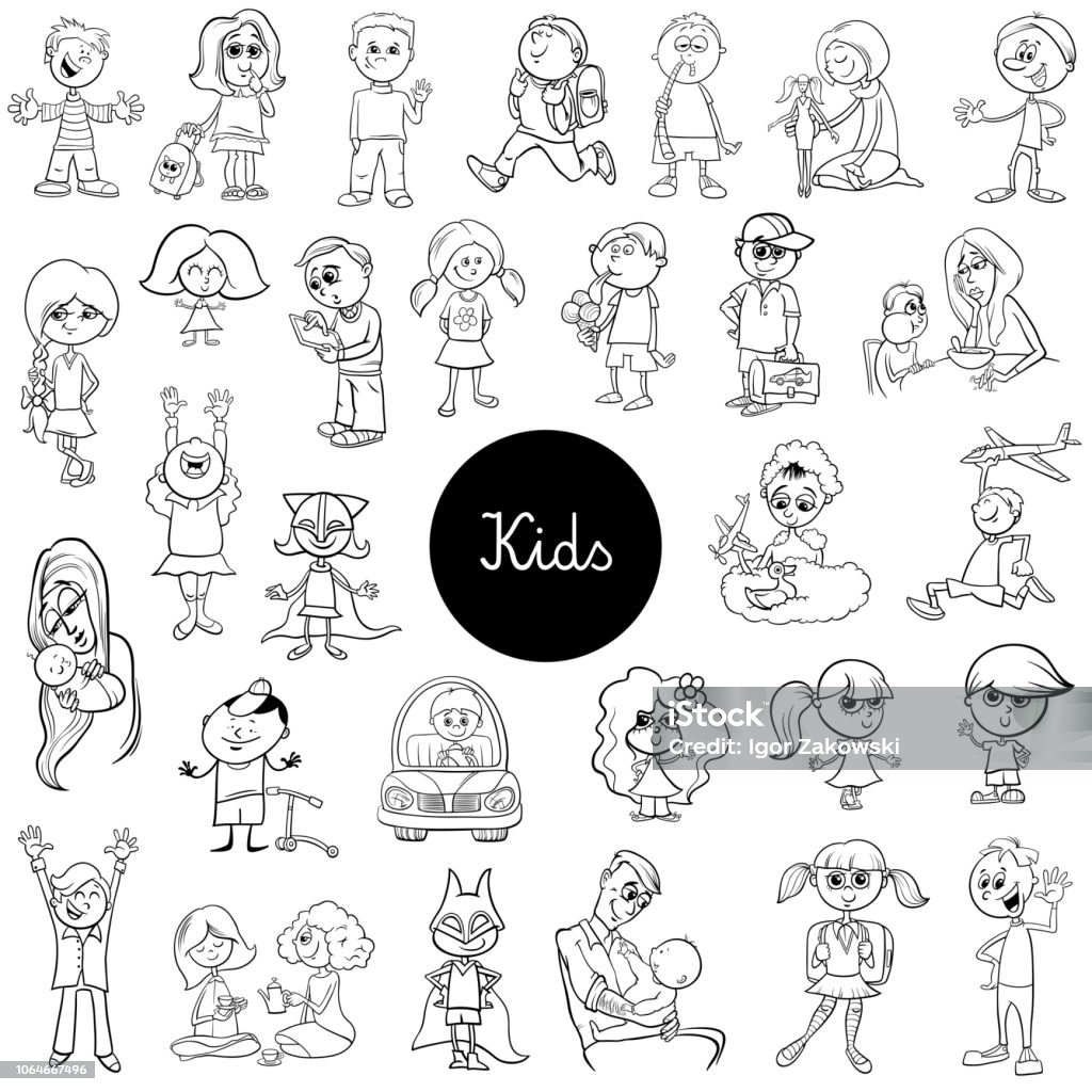 cartoon children black and white set Black and White Cartoon Illustration of Children and Teens Characters Large Set Child stock vector