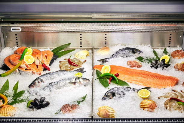 seafood in the freezer with ice
