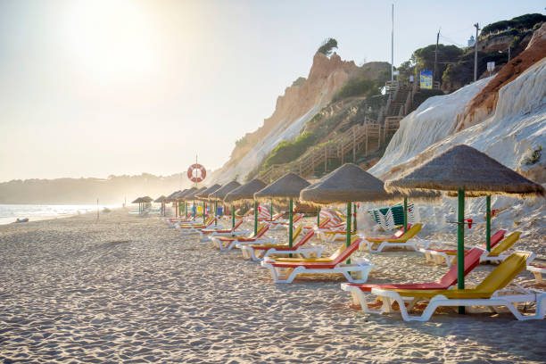 istock Colorful sun beds under straw umbrellas on the beach 1064670692