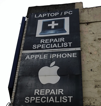 26th October 2018 Dublin. Apple, laptop and PC specialist repair sign with Apple logo.