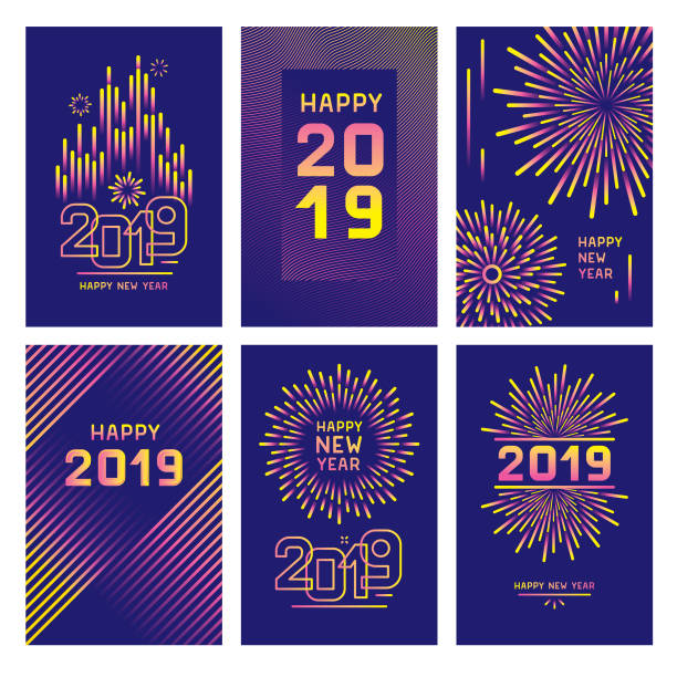 New year greeting card set Editable set of vector illustrations on layers. This image includes clipping masks. new year's eve 2019 stock illustrations