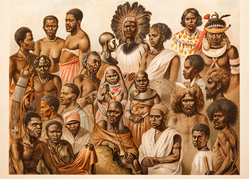African tribal culture men and women of different tribes
Original edition from my own archives
Source : Brockhaus Conversationslexikon 1887