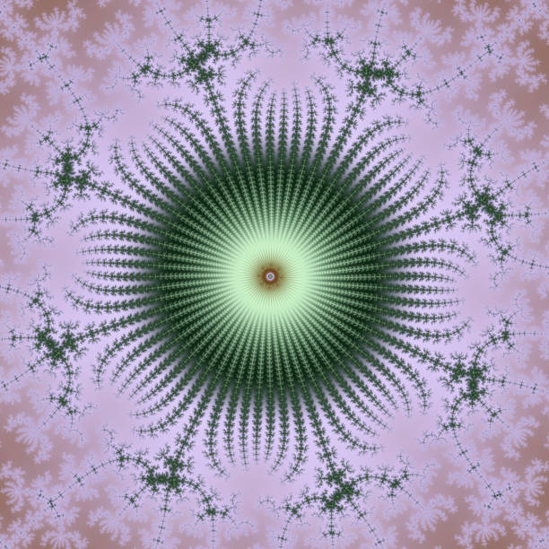 This is a tiny part of the Mathematical Mandelbrot set, magnified many thousands of time through deep zooming. It is coloured in dark green, yellow and pink, and contained in a square format. A fine, delicate design with some of the feel of a coral polyp.