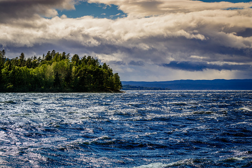 Heavy storm on the Tyrifjorden lake in Norway. The lake's primary source is the Begna river, which discharges into Tyrifjorden at Hønefoss where the river forms the waterfall of Hønefossen.