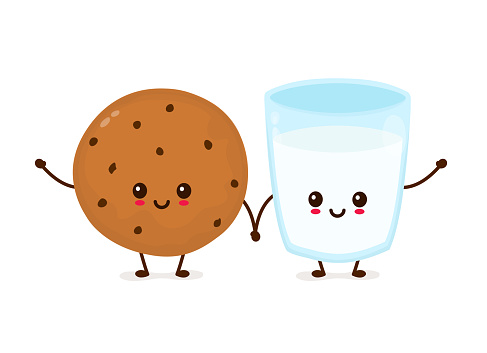Cute happy smiling chocolate chip cookie and glass of milk. Vector flat cartoon iluustration icon design. Isolated on white background. Freshly baked choco cookie with milk concept