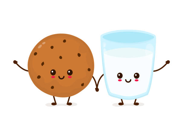 Cute happy smiling chocolate chip Cute happy smiling chocolate chip cookie and glass of milk. Vector flat cartoon iluustration icon design. Isolated on white background. Freshly baked choco cookie with milk concept Cookie stock illustrations