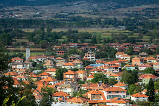 istock A view from the hill to the small mountain town. 1064701600