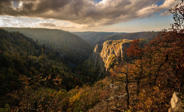 istock Golden light on Rosstrappe crag as viewed from Hexentanzplatz near Thale 1064703206