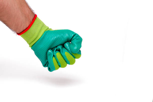 Close up view of a hand with a gardening glove isolated on a white background.