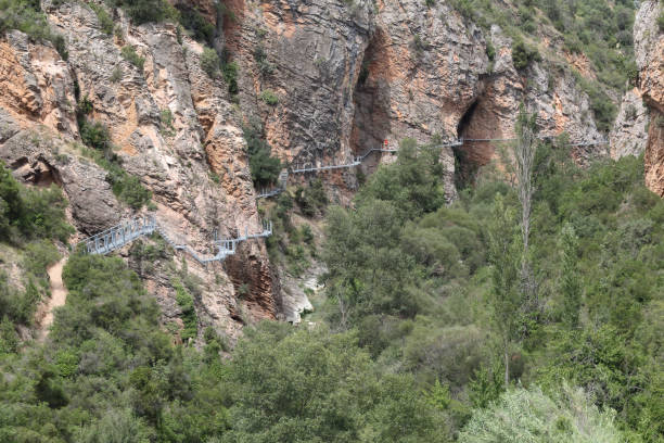 istock The Vero river canyon during a summer day with the hanging elevated path over it, the typical red iron rock and some trees, in Alquezar, Spain 1064710764