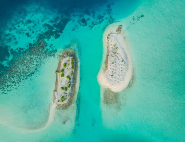 Aerial view down towards two beautiful tiny islets with beaches on a sand bank surrounded with turquoise clear water and coral reefs in the South Ari Atoll Area. Aerial Drone View. South Ari Atoll, Republic of Maldives