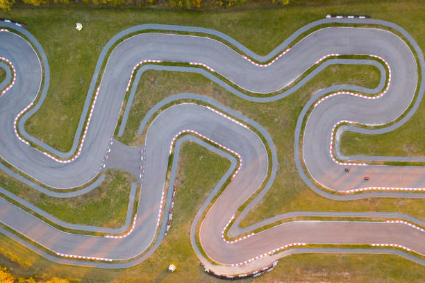 Aerial view of the go-kart track Aerial view of the go-kart track. New asphalt track with turns for racing. motorsport photos stock pictures, royalty-free photos & images
