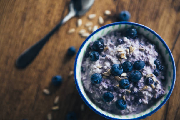 Healthy Breakfast, Blueberry Overnight Oatmeal stock photo