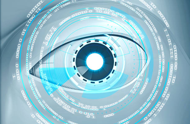 istock White robot face with scanning eye, hud 1064716702