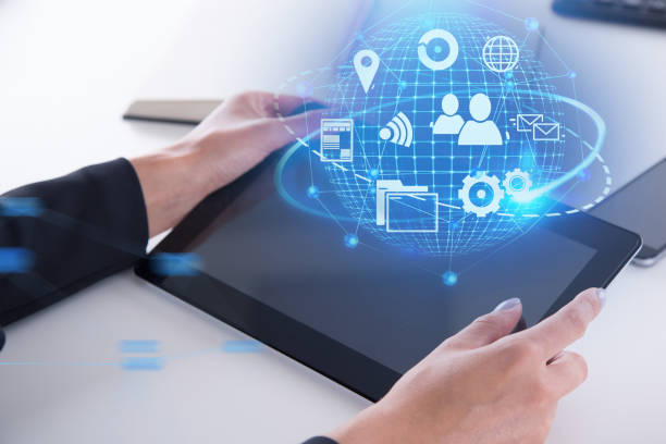 istock Global network icons on tablet, woman hands 1064718664