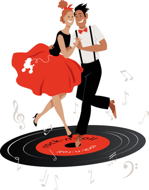 Classic rock-and-roll Cartoon couple in vintage clothing dancing rock-and-roll on a vinyl record, EPS 8 vector illustration swing dancing stock illustrations