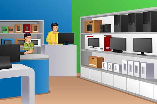 A vector illustration of Family Owned Electronic Store