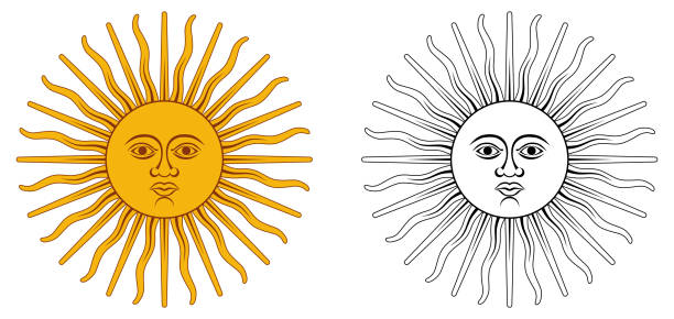 ilustraciones, imágenes clip art, dibujos animados e iconos de stock de sol de mayo - escudo de argentina y uruguay. círculo amarillo con rostro humano, con 32 rayos, 16 recta / ondulado, que representa el dios inti. color / negro y blanco. - gods rays illustrations